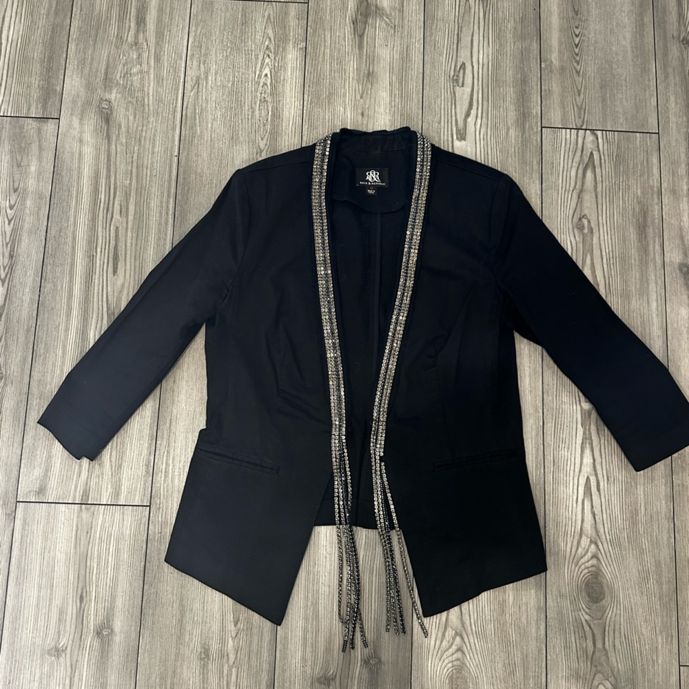 Y2K Black Open Front Jacket with Beaded Fringe Trim
